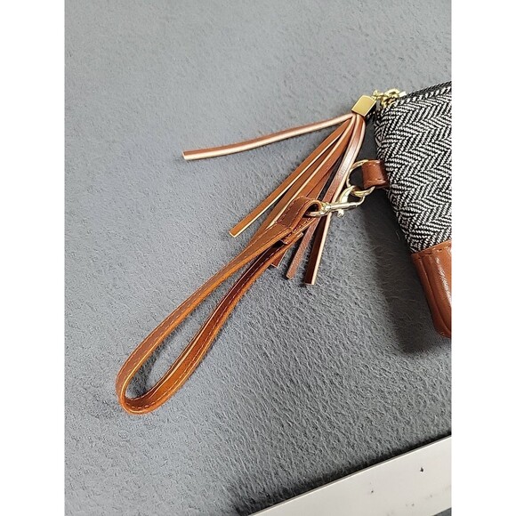 Funky Monkey Wristlet  Zippered Pouch Gray Herringbone Brown Tassel City Lined - Picture 6 of 10